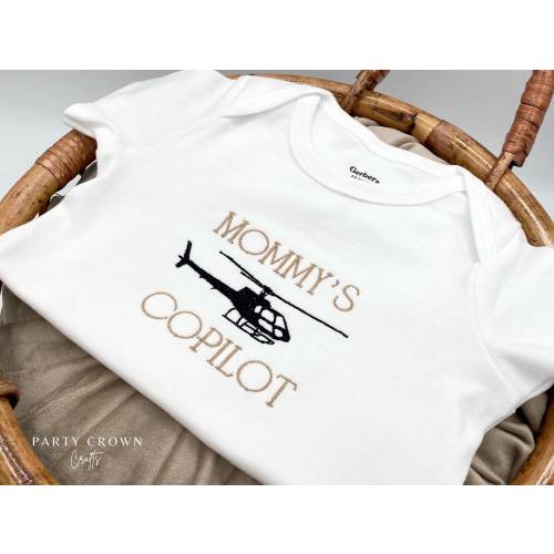 Embroidered Helicopter Mommy’s Copilot • Helicopter Bodysuit • Pregnancy Announcement • Baby Copilot on the way • Baby Shower Helicopter •