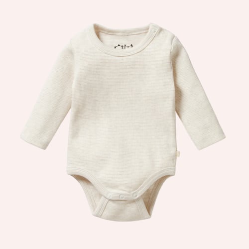 Organic Stripe Rib Long Sleeved Bodysuit - Oatmeal