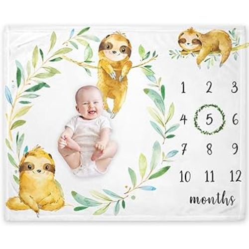 Yuzioey Sloth Milestone Blanket, Safari Baby Growth Chart Monthly Blanket, Watch Me Grow Sloth Baby Nursery for New Moms Shower(50"x40")