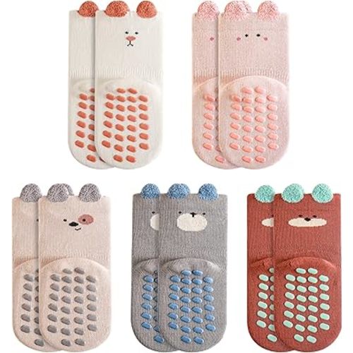Baby Non-Slip Cotton Crew Socks 5-Pack, Soft & Breathable, Elastic Stay-Up, 6-12M to 5Y