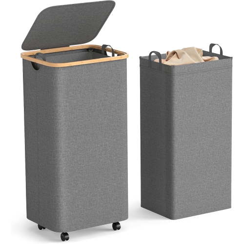 DELAMU Laundry Hamper with Wheels and Lid 26 Gal (100L), Gray