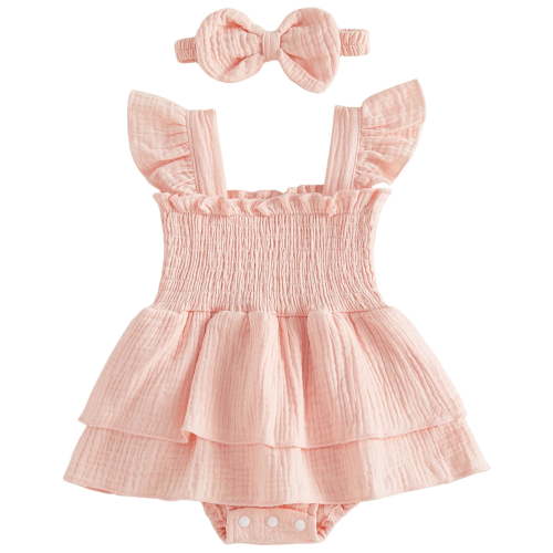 Zanarzt Baby Summer Clothes Baby Girl Summer Clothes Smocked Romper Short Sleeve Bodysuit Headband Outfit Cute Clothing Pink,0-3 Months