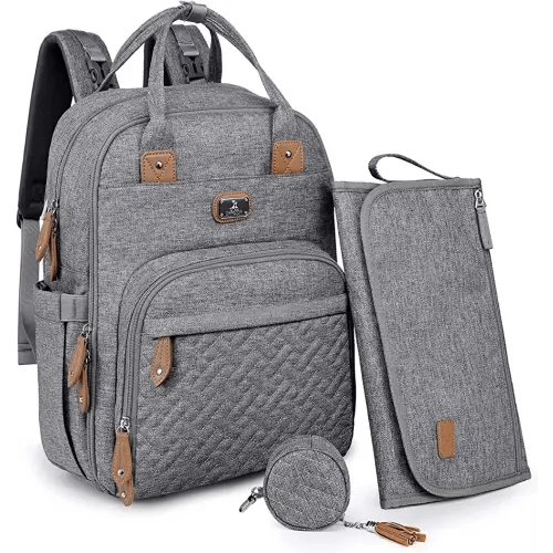 Dikaslon Diaper Bag Backpack with Portable Changing Pad, Pacifier Case and Stroller Straps, Large Unisex Baby Bags for Boys Girls, Multipurpose Travel Back Pack Moms Dads, Gray