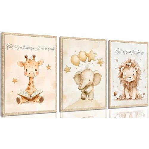 3pcs Safari Animal Inspirational Nursery Wall Art Cute Jungle Animals Wall Decor Uplifting Scripture Lion Giraffe Elephant Poster Print Artwork for Kids Boys Girls Room Home Decoration Unframed