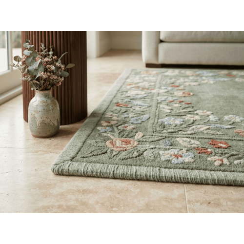 Hand-Tufted English Garden Floral Area Rug, Soft Sage Green and Blush Pink Pastel Carpet for Bedroom and Nursery – 5x8 Feet Rectangle