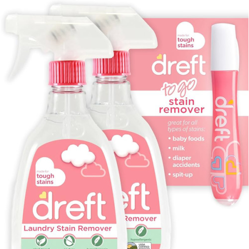 Dreft Stain Remover for Baby Clothes and Hypoallergenic Baby Stain Remover Spray Plus Travel Size Stain Treater Pen, 24 Fl Oz ( Pack of 2 + Stain Pen)