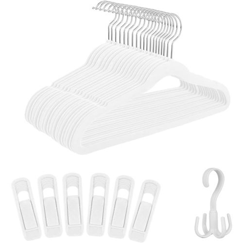 Tinfol Toddler/Kids White Velvet Hangers - 13.7 inch 30 pack / Velvet Hanger Clips - 6 pack / Rotating Hook - 1 pack