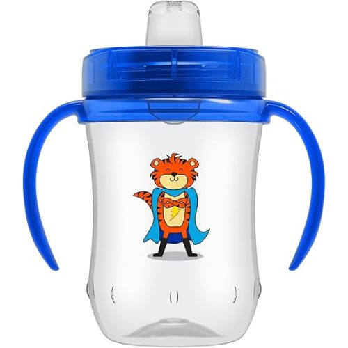Dr. Brown's Milestones Soft Spout Sippy Cup with Handles, Blue Tiger Hero, BPA-Free, 9 oz/270 mL, 9m+
