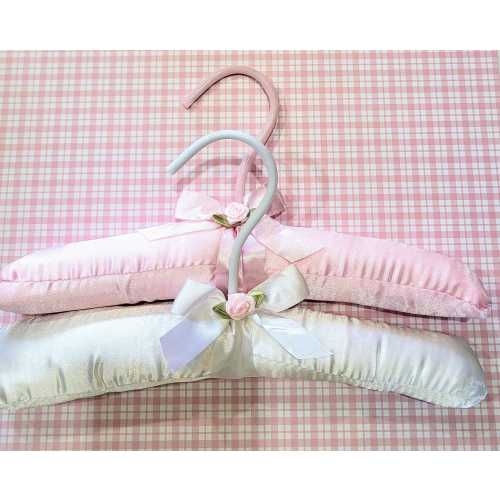 White and Pink satin padded baby hangers for special dresses and gowns, 2 piece set.