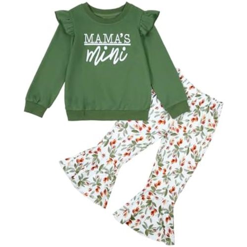 Toddler Baby Girl Christmas Outfit Print Long Sleeve Sweatshirt Flared Pants Bell Bottoms 2 Piece Clothes Set