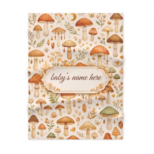 Woodland Mushrooms baby blanket | Personalized name, neutral nursery decor