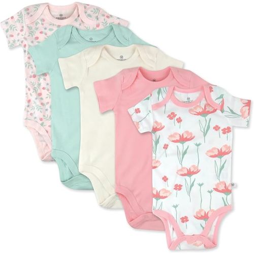 HonestBaby baby-girls 5-pack Short Sleeve Bodysuits One-piece 100% Organic Cotton for Infant Baby Girls