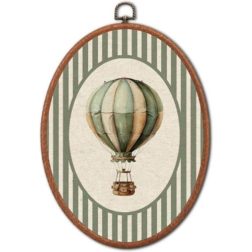 JZALOR Vintage Hot Air Balloon Oval Wall Art Framed, Retro Adventure Kids Room Oval Wall Decor Accents, Retro Stripe Neutral Framed Prints Decor for Toddler Nursery Boys Room, 8.6x11.4 Inch