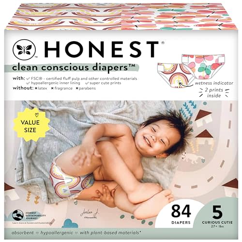 The Honest Company Clean Conscious Diapers for Sensitive Skin | Hypoallergenic, Fragrance Free | Girl Prints | Super Club Box, Size 5 (27+ lbs), 84 Count (Prints May Temporarily Vary)