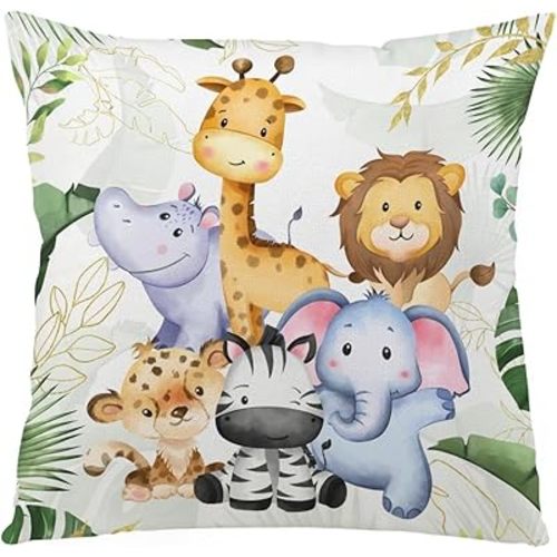 Jungle Safari Animals Tropical Leaves Decorative Nursery Pillowcase Throw Pillow Cover Baby Boy Girl Cute Lion Elephant Zebra Giraffe Hippo Cushion Covers for Kids Toddler Bedroom Playroom 18''x18''