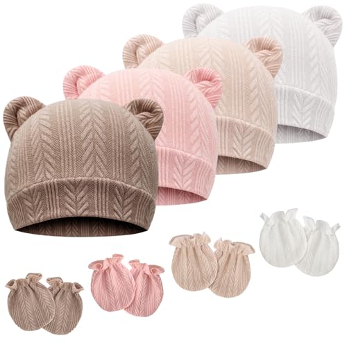 Newborn Baby Hat and Mittens Set Bear Ears Toddler Infant Beanie Caps Newborn Hospital Hat for Baby Boy Girl 0-3 Months