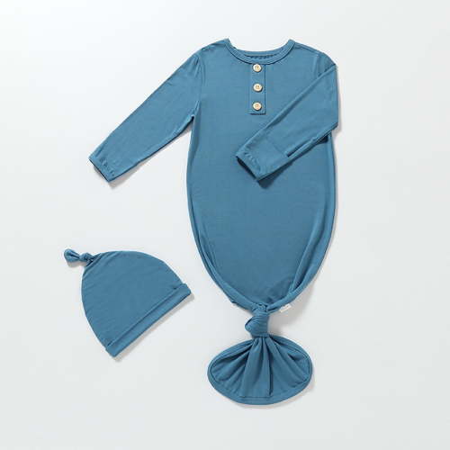 Rciityk Blue Newborn Baby Boys Girls Knotted Gown Bodysuit Soft Infant Sleeper Romper Baby Long Sleeve Pajamas Gown with Hat 2PC