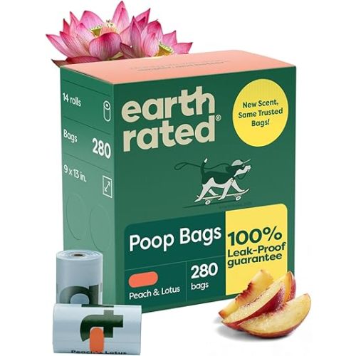 Earth Rated Poop Bags for Dogs, Guaranteed Leak Proof and Extra Thick Waste Bag Refill Rolls, Peach and Lotus, 280 Count
