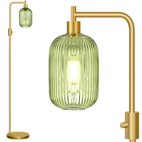【Upgraded】 Dimmable Glass Floor Lamp for Living Room, Modern Gold Standing Lamp with Green Ribbed Glass Lampshade & Knob Dimmer, Arc Tall Lamp for Bedroom Office Reading Room, 2700K Led Bulb Included