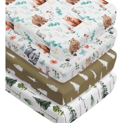 4 Pack Woodland Forest Animals Wood Neutral Unisex Fitted Baby Crib Sheets Set for Baby Boys or Girls (Cartoon Beer, 52 * 28)
