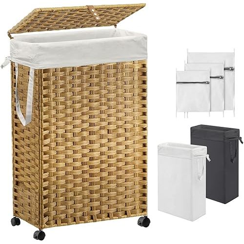 70L Slim Laundry Hamper with Lid & Wheels, Rolling Laundry Basket with 2 Removable Liner Bags & 3 Mesh Bags, Narrow Dirty Clothes Basket, Foldable Handwoven Rattan Laundry Sorter, Natural