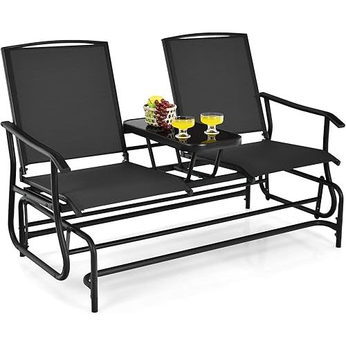 S AFSTAR 2-Person Outdoor Glider, Patio Glider Bench Chairs with Center Tempered Glass Table & Breathable Loveseat, Double Swing Glider Chair for Porch Garden Poolside Balcony Lawn (Black)