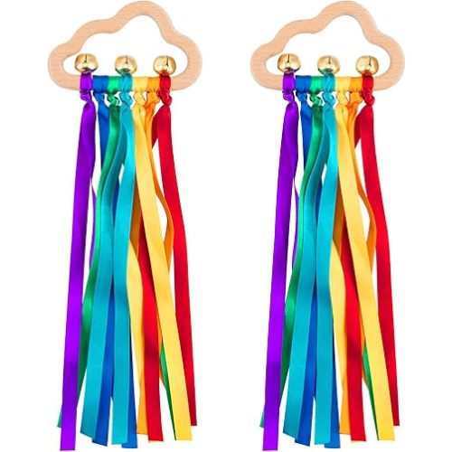 Baby Sensory Wooden Rattle Toys with Rainbow Ribbon - 2PCS