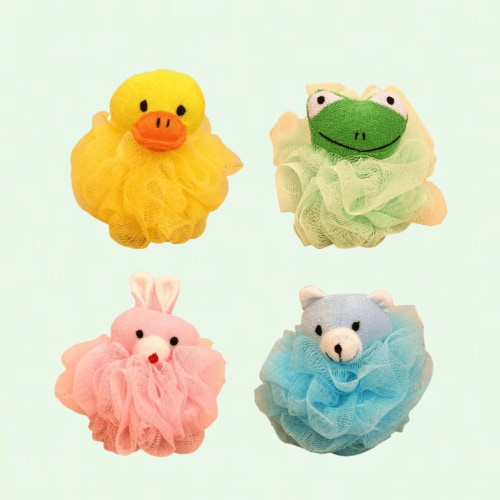 Baby Bath Sponge Set, 4Pcs Cartoon Bath Sponges with Mesh, Frog Loofah Sponge for Baby Bathtub
