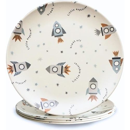 Nook Theory 4 Pack Reusable Bamboo Plates - Non-Toxic Toddler and Kids Plate, Dishwasher Safe, Not Microwavable Dinnerware (Space 8")