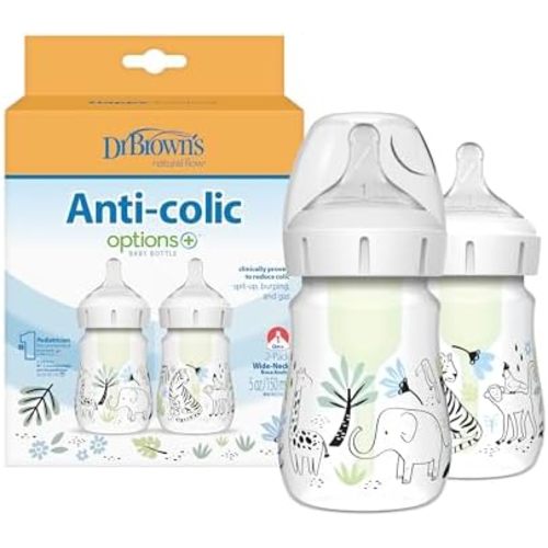 Dr. Brown's Anti-Colic Options+ Wide-Neck Baby Bottle, Jungle, 5oz, 2-Pack
