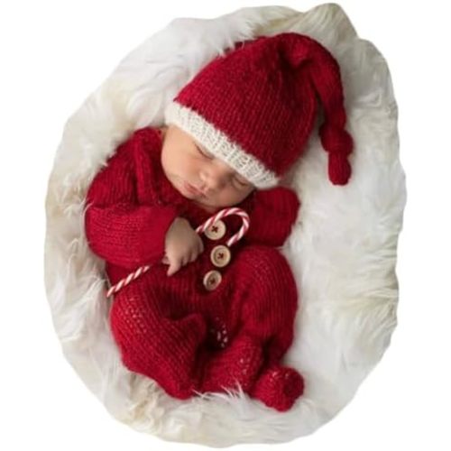 Zeroest Newborn Photo Prop Baby Santa Claus Photography Props Christmas Knit Outfit Girl Boy Photoshoot Handmade Red Costume