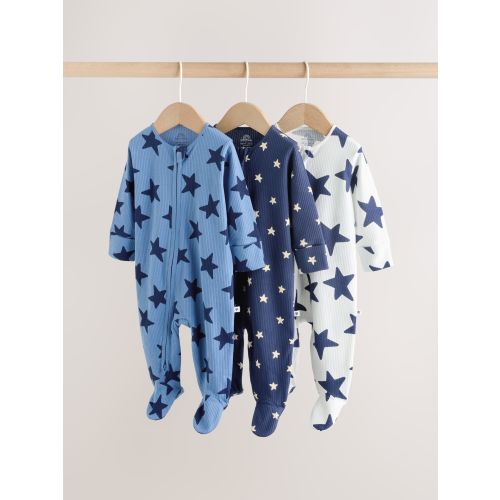 Navy Star Two Way Zip Baby Sleepsuits 3 Pack (0-2yrs)