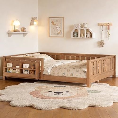 Queen Size Floor Bed with Storage Bookshelves, Solid Wood Montessori Floor Bed with Full-length Guardrails, Kids Queen Bed Frame for Boys, Girls, No Box Spring Needed and Childlike Design, Nature