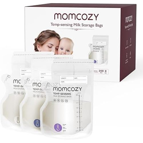 Momcozy Easy Pour Breastmilk Storage Bag, 8Oz, Temp-Sensing Color Change, 120 Count Milk Bag with Self Standing for Breastfeeding, No Leak Presterilized for Freezer, Recyclable & BPA Free