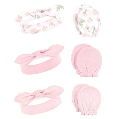 Hudson Baby Infant Girl Cotton Headband and Scratch Mitten 6pc Set, Roses, 0-6 Months - Roses