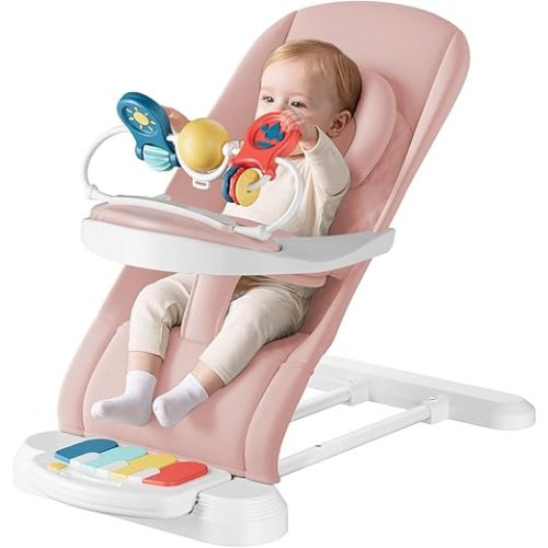 Monamii Baby Bouncer, Baby Bouncer Seat with Detachable Pianos & Feeding Tray, 3-Level Adjustable Positions Bouncing Seat, Infant Bouncer Seat and Toddler Chair (Pink)