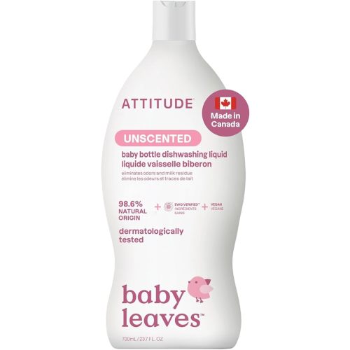 ATTITUDE Baby Dish Soap and Bottle Cleaner, Made in Canada, EWG Verified Dishwashing Liquid, No Added Dyes or Fragrances, Tough on Milk Residue and Grease, Vegan, Unscented, 700 mL