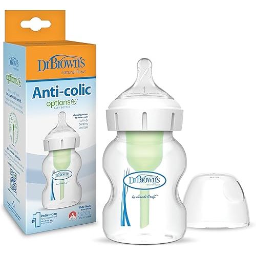 Dr. Brown’s Natural Flow Anti-Colic Options+Wide-Neck Baby Bottle, 5 oz/150 mL, Level 1 Nipple, 1-Pack, 0m+