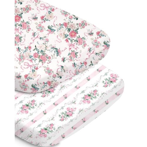 Bassinet Fitted Sheet Set - Pink Roses Pattern, Soft and Breathable, Universal Fit for Baby Girls, Compatible with Halo, Mika Micky, Baby Delight, and More
