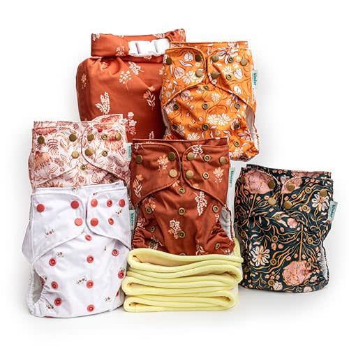 Kinder Cloth Diapers Set of 5 Reusable Baby Diapers Pocket Style Athletic Wicking Jersey, Bamboo Viscose Inserts, Wet Bag, Newborn to Potty Training 7-60lbs, One Size (Boho Floral)
