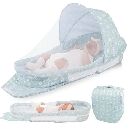 Portable Baby Lounger Bag, Foldabl Babies Nest with 2-in-1 Removable Mosquito Net, Infant Travel Nest Lounger, Easy Setup and Storage for Outdoors Indoors - Baby Registry (Light Green)