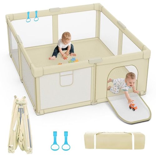 Foldable Baby Playpen: 65" x 50" Super Large Playpen for Babies and Toddlers - Portable Play Pen for Babies with Breathable Mesh & 2 Pulling Handle - Baby Play Yard for Outdoor & Indoor