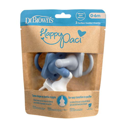 Dr. Brown's HappyPaci 100% Silicone Baby Pacifier, One-Piece, White/Blue/Light Blue, 0-6m, 3 Pack