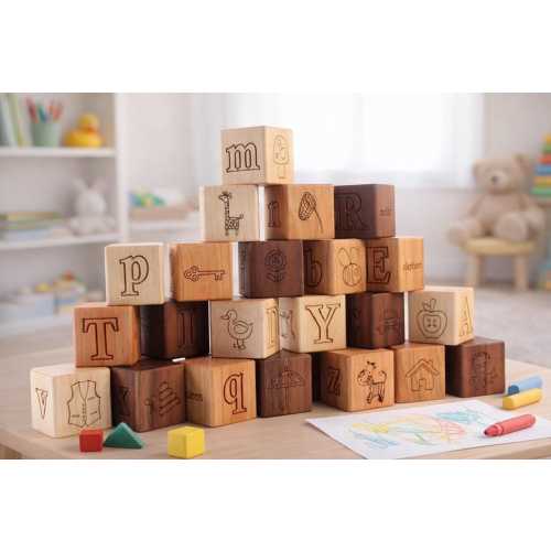 Montessori Wooden ABC Blocks, Letter, Word & Picture Learning Set, Toy for Toddlers