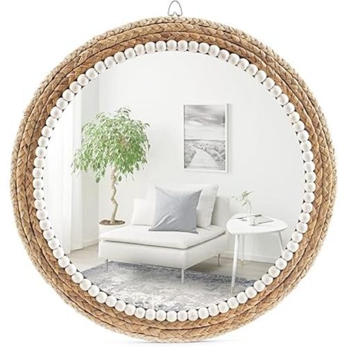22 Inch Boho Style Decorative Mirror, Round Rattan Wall Hanging Mirror, Nature Rattan Woven Round Mirror, Makeup, Dressing Mirror, Suitable for Dressing Room, Living Room, Bedroom, Farmhouse