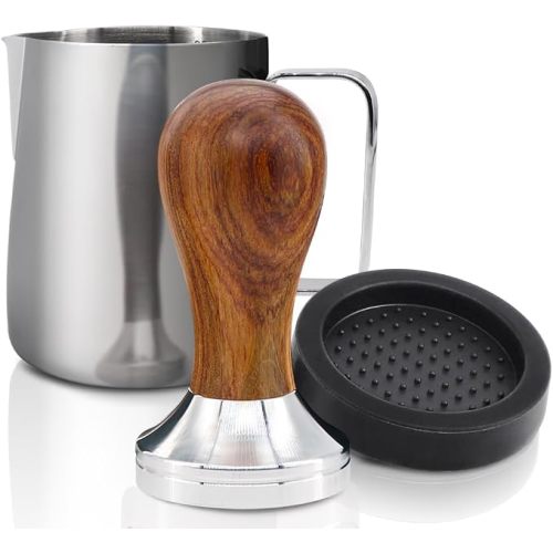 KYONANO Espresso Tamper 51mm - Tamper with Chacate Preto Wood Handle - Coffee Tamper plus Milk Frothing Pitcher 350ml & Silicone Tamper Mat - Tamper fits 51mm Delonghi Portafilter
