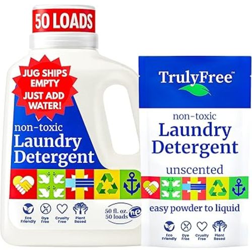 Truly Free Natural Laundry Detergent for Sensitive Skin | Eco Friendly, Plant Based, Baby Clothes Safe | Clean & Easy Powder to Liquid, 1 Pack Detergent + 1 Empty Reusable Jug | Unscented, 50 Loads