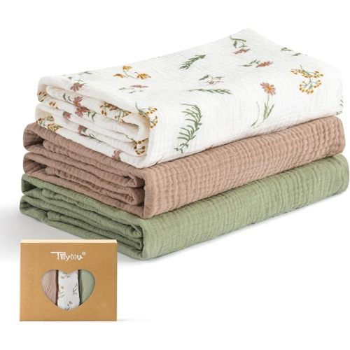 TILLYOU 3 Pack Muslin Swaddles for Newborns Baby Blankets for Girls Boys Cotton Swaddle Blankets 40"X40", Yellow Flower