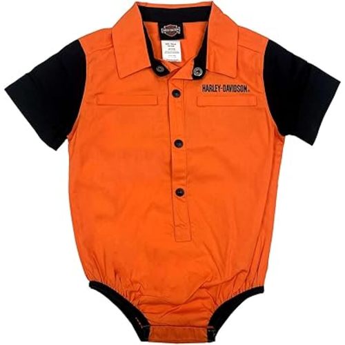 Harley-Davidson Baby Boys' Short Sleeve Poplin Infant Creeper, Orange/Black