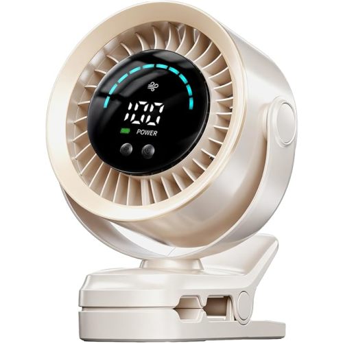 Portable Clip on Fan, Rechargeable USB Desk Fan with Turbo Airflow, 100 Speeds LED Display, 360° Rotation, Small Quiet Battery Powered Fan for Stroller Outdoor Travel Camping Golf Cart, White